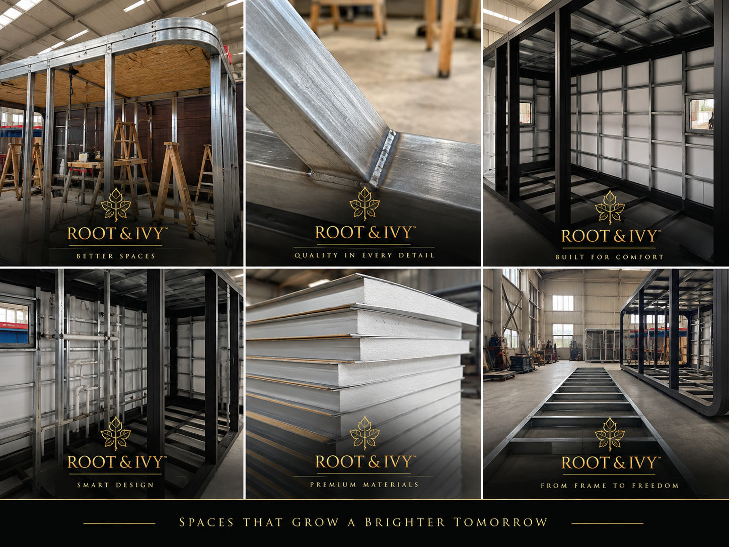 Root and Ivy pod construction gallery showing structural frames, materials and build quality