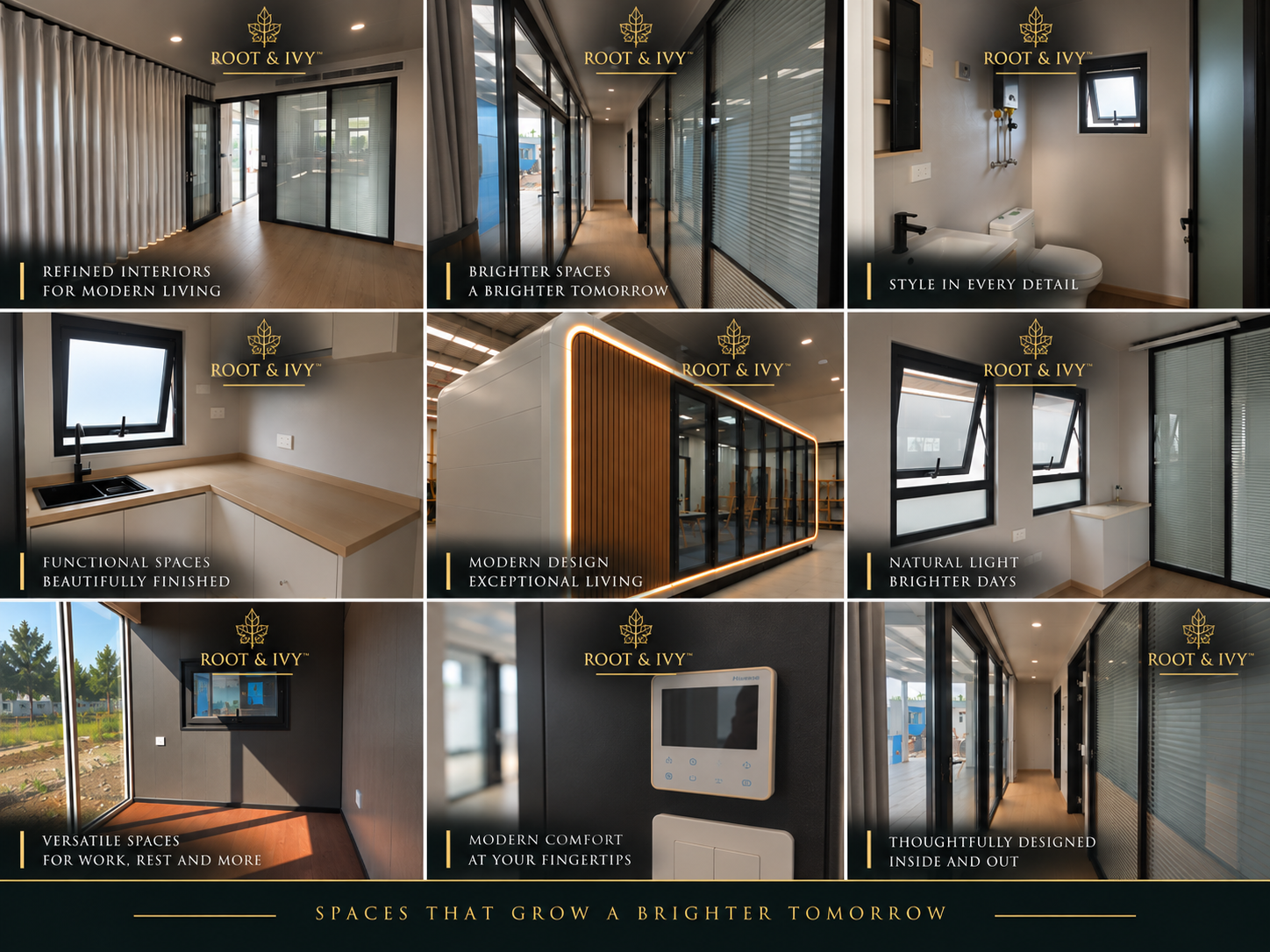 Root and Ivy pod interior gallery showing living space, bathroom, kitchen and corridor