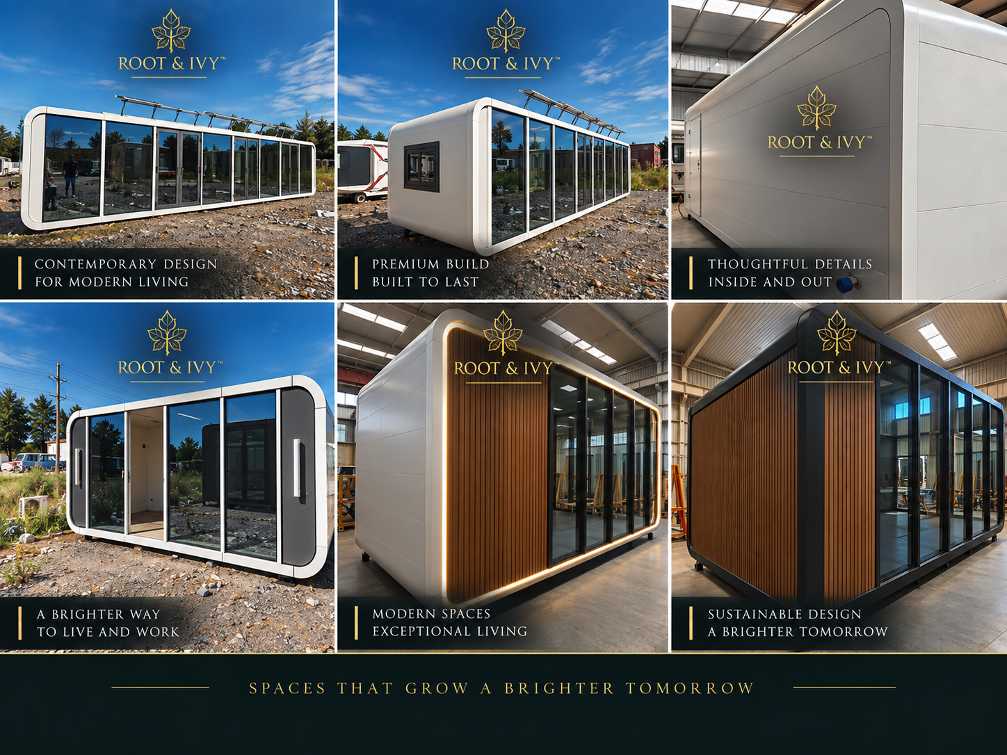 Root and Ivy pod exterior gallery showing finished modular pod designs