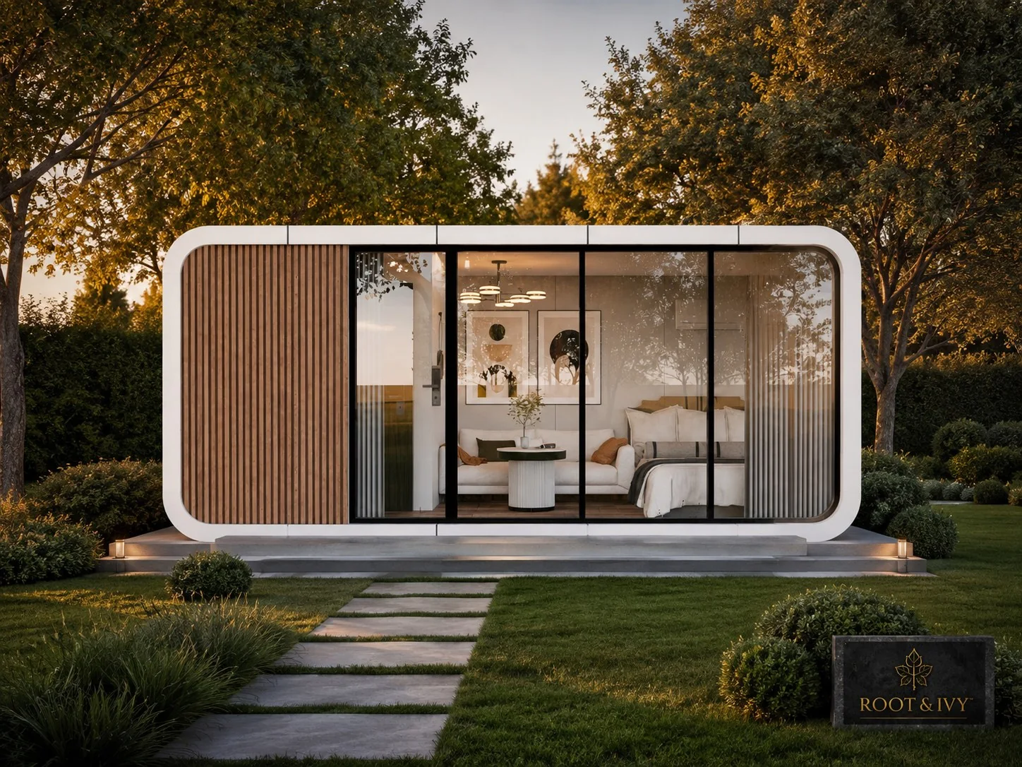 Ivy 20 premium garden room and garden office pod in a landscaped garden