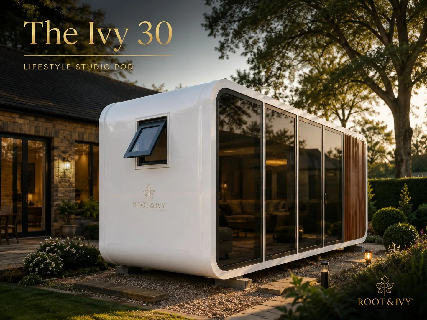 Apple-cabin style Root & Ivy modular pod with curved contemporary exterior