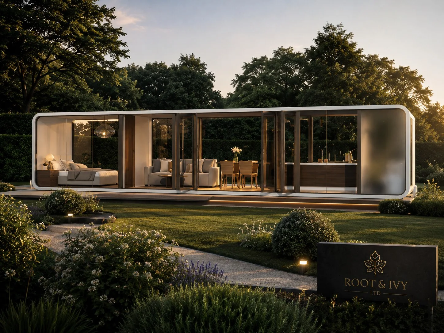 Ivy 40 apple-cabin style modular garden room in a landscaped setting